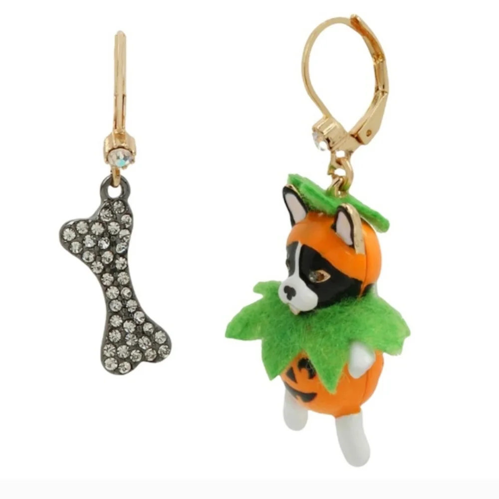 Betsey Johnson French Bulldog & Bone Halloween Mismatch Drop Earrings Crystal